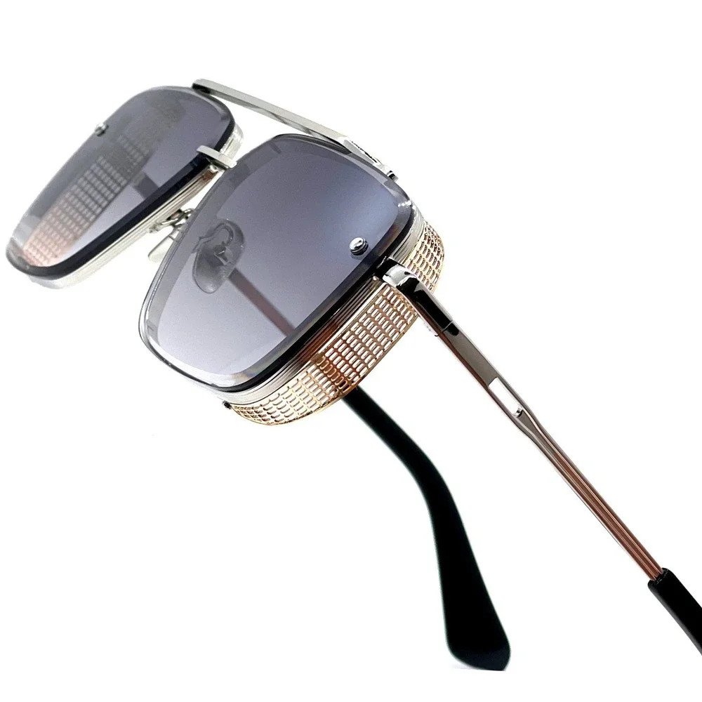 Sunglasses Men Silver Gold Accents Square Frame Fashion Shades Trendy Lentes New
